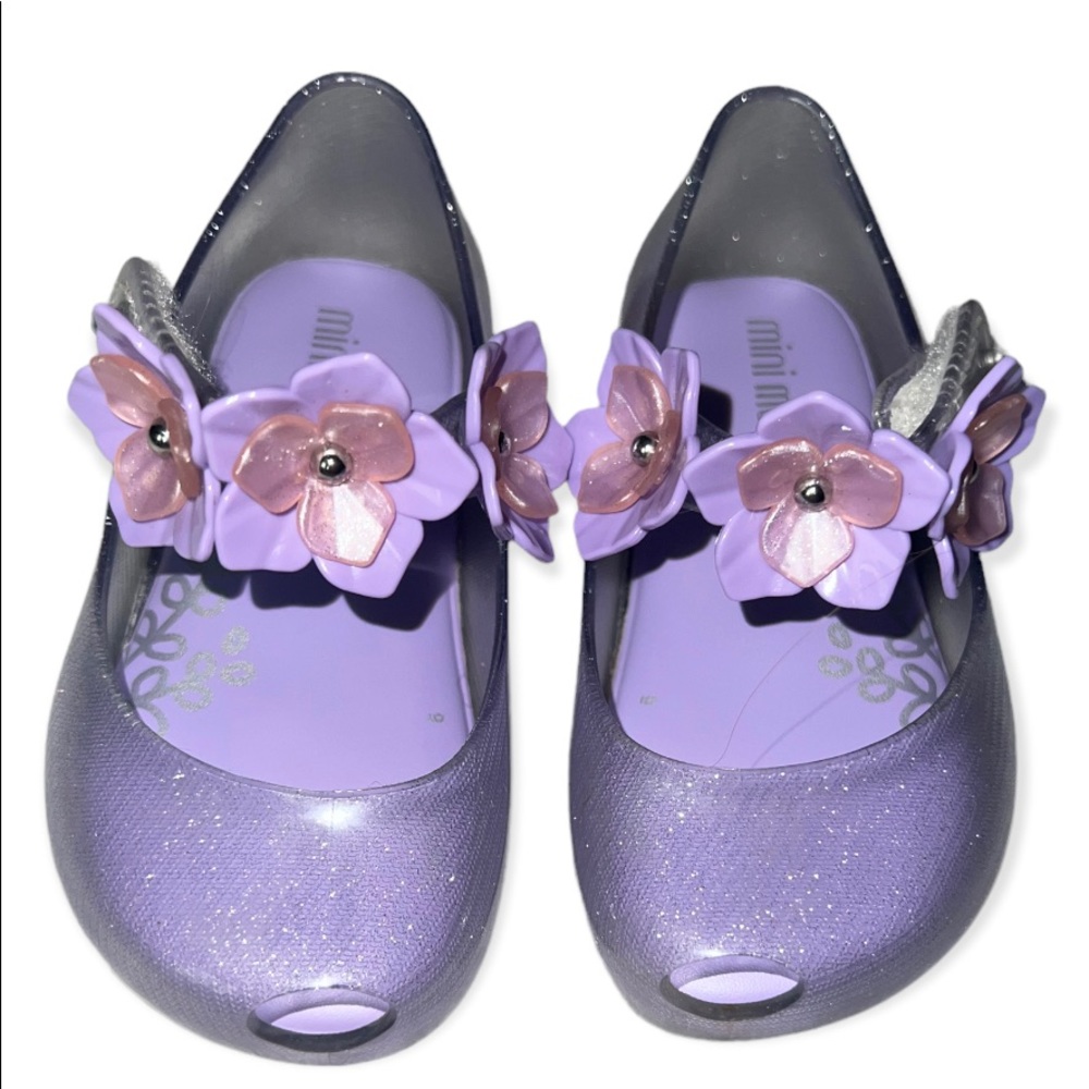Mini Melissa purple flats with flowers on strap, sz 6
